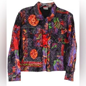 🩸Chicos Multicolor Silk Linen Blend Lined Collared Pockets Lightweight Jacket L